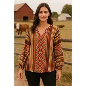 Stetson Womens Medium Bold Geometric Cowgirl Rodeo Western‎ Sheer Shirt Top